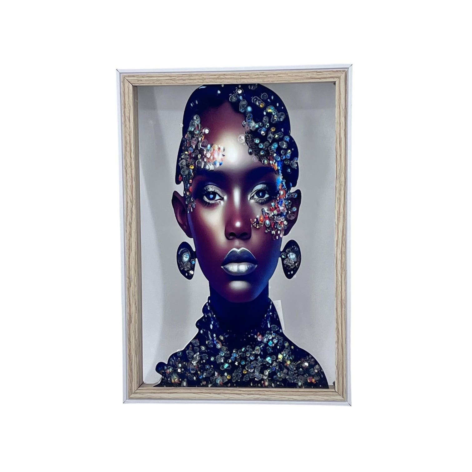 Pictură Decorativă Plastic și Lemn 22×32 cm – Portret Artistic cu Accente Albastre, Negre, Maro și Gri
