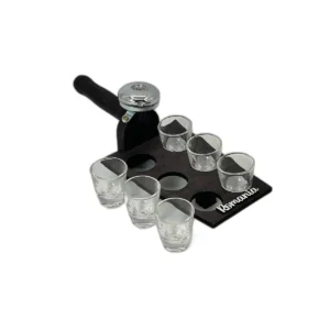 Tavita cu Clopotel si 6 Paharele – Model ‘Romania’, Suport din Lemn Rustic, Ideal pentru Tuica, Cadouri si Pensiuni