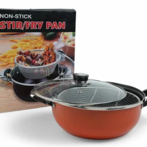 Tigaie Wok Antiaderenta 32 cm cu Capac Sticla si Inserție Tip Fagure – Ideală pentru Gatit Sanatos si Eficient