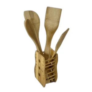 Set 5 Ustensile din Bambus cu Suport – Linguri si Spatula, Ideal pentru Gatit cu Tigai Antiaderente