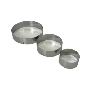 Set 3 inele inox pentru tort, reglabile pe diametru, formă rotundă cu înălțime fixă – accesorii profesionale pentru blat și asamblare torturi