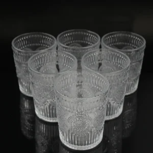 Set 6 Pahare din Sticla Transparenta cu Model Relief – 250 ml, Rezistente si Elegante, Perfecte pentru Apa, Sucuri si Bauturi Racoritoare