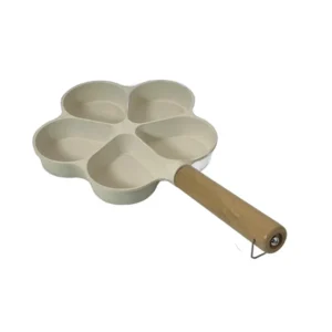 Tigaie Multifuncțională Antiaderentă cu 5 Compartimente și Mâner din Lemn – 37 cm, Ideală pentru Clătite, Ouă, Mini-Pateuri și Gustări, Compatibilă cu Toate Tipurile de Plite