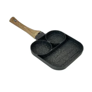 Tigaie Compartimentata 17×17 cm cu Maner Imitatie Lemn – 3 Sectiuni pentru Oua, Bacon sau Legume, Gatit fara Amestec