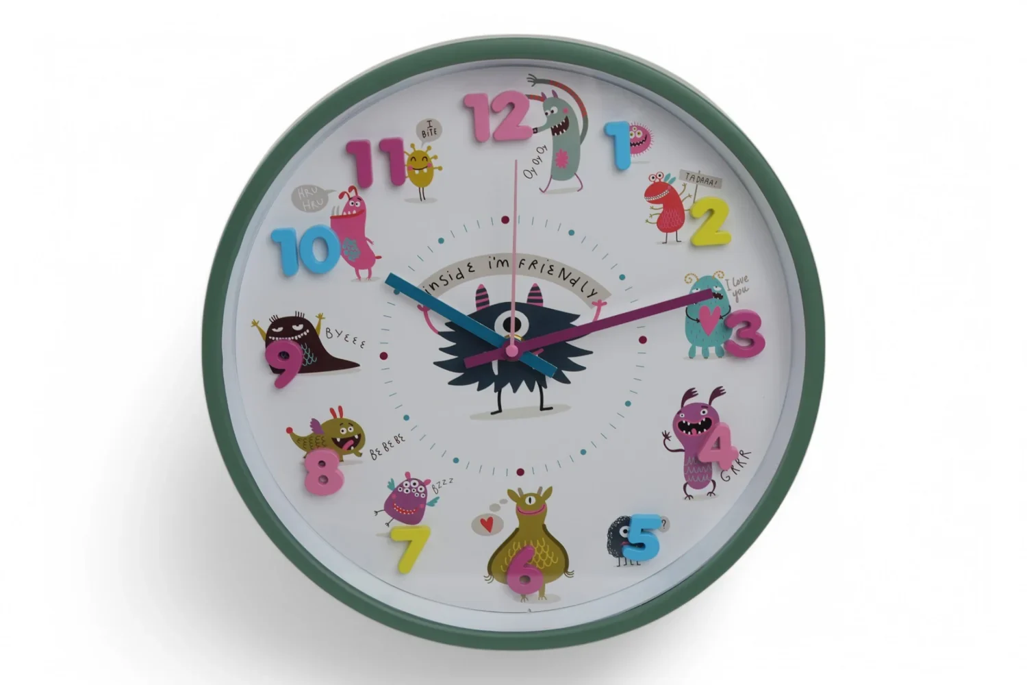 Ceas de Perete pentru Copii „Inside I’m Friendly”, Diametru 30 cm – Design Jucăuș și Educativ, Ideal pentru Cameră de Copii
