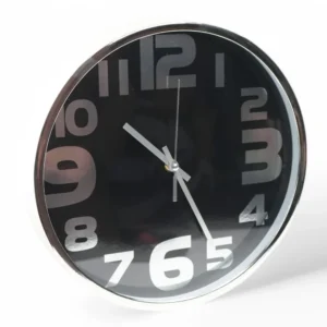 Ceas de Perete Modern, Diametru 30 cm – Cadran Negru cu Cifre Mari și Ramă Metalică, Ideal pentru Birou, Living sau Bucătărie