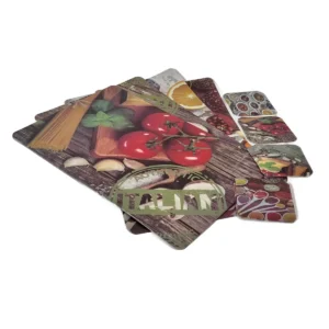 Set Tocător și Suport Pahar cu Model Culinar – Design Rustic, Ideal pentru Bucătărie