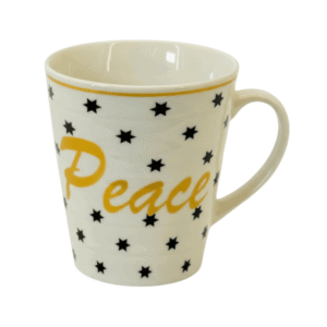 Cană ceramică albă cu imprimeu Peace și model cu stele, ideală pentru cafea, ceai sau cadou elegant