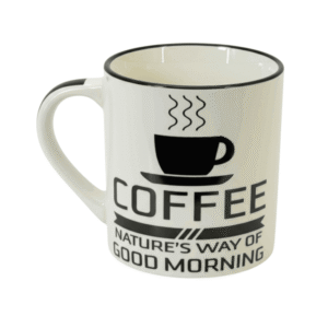 Cană ceramică albă cu imprimeu Coffee – Nature’s Way of Good Morning, ideală pentru cafea, ceai sau cadou