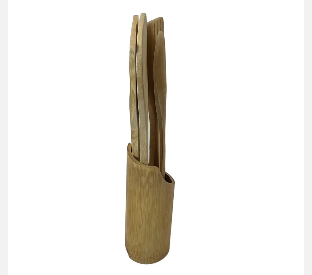 Set 5 Ustensile din Bambus cu Suport Cilindric – Accesorii de Bucătărie Naturale, Ideal pentru Gătit Zilnic fără Zgârieturi