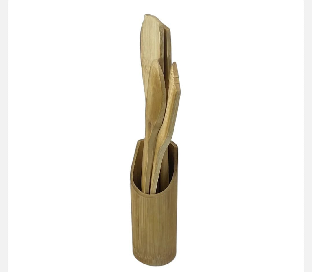 Set 5 Ustensile din Bambus cu Suport Cilindric – Accesorii de Bucătărie Naturale, Ideal pentru Gătit Zilnic fără Zgârieturi - imagine 2