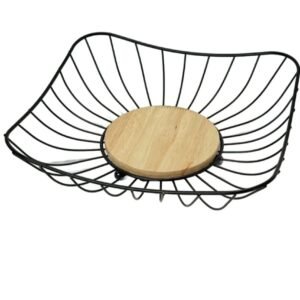 Cos Patrat Decorativ Metalic cu Baza din Lemn – 26×26 cm, Ideal pentru Organizare sau Fructe
