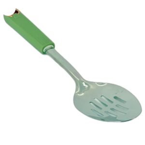 Lingură Perforată de Bucătărie din Inox cu Mâner Ergonomic Verde – Ideală pentru Scurgere și Servire, Rezistentă și Ușor de Utilizat