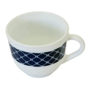 Cană ceramică pentru băuturi calde, 220 ml, decor geometric albastru Kazak Blue pe fond alb