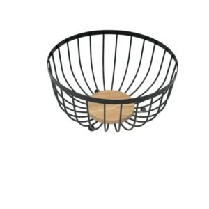 Cos Decorativ Rotund Metalic cu Baza din Lemn – Design Industrial, Ideal pentru Fructe sau Organizare