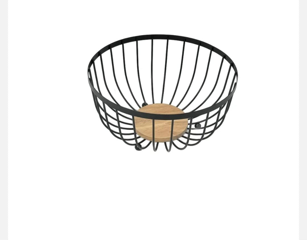 Cos Decorativ Rotund Metalic cu Baza din Lemn – Design Industrial, Ideal pentru Fructe sau Organizare